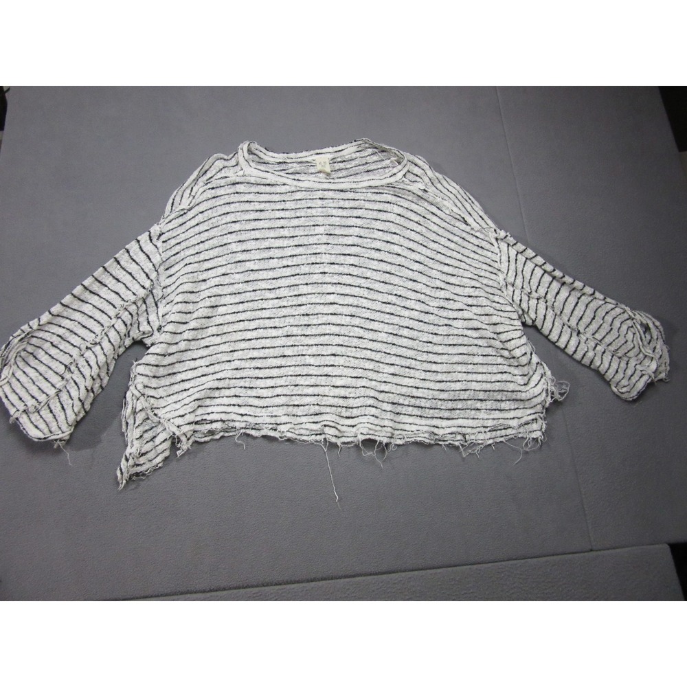 We The Free Top Womens Large White Black Striped Knit Oversize Cropped Fray Hem